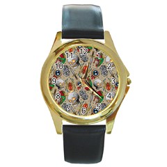 Tattoo Pattern Round Gold Metal Watch by Pakemis