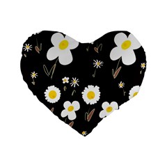 Daisy Flowers White Yellow Black  Standard 16  Premium Flano Heart Shape Cushions by Mazipoodles