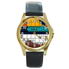 Abstract Statistics Rectangles Classification Round Gold Metal Watch by Pakemis