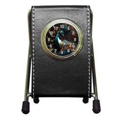 Peacock Bird Feathers Colorful Texture Abstract Pen Holder Desk Clock by Pakemis