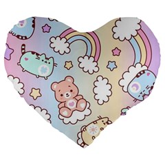 Pusheen Carebears Bears Cat Colorful Cute Pastel Pattern Large 19  Premium Flano Heart Shape Cushions by Sapixe