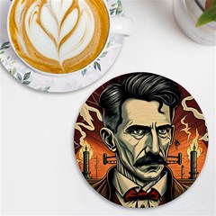 Ai Generated Nikola Tesla Tesla Nikolas Electricity Uv Print Round Tile Coaster by danenraven