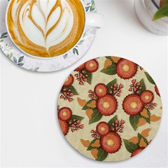 Flowers Leaves Pattern Flora Botany Drawing Art Uv Print Round Tile Coaster by Ravend