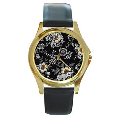 White And Yellow Floral And Paisley Illustration Background Round Gold Metal Watch by Jancukart