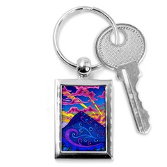 Psychedelic Colorful Lines Nature Mountain Trees Snowy Peak Moon Sun Rays Hill Road Artwork Stars Sk Key Chain (rectangle) by Jancukart