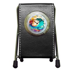 Tsunami Tidal Wave Wave Minimalist Ocean Sea 3 Pen Holder Desk Clock by Pakemis