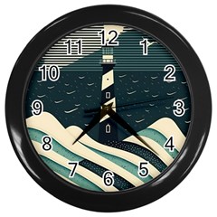 Lighthouse Abstract Ocean Sea Waves Water Blue Wall Clock (black) by Pakemis