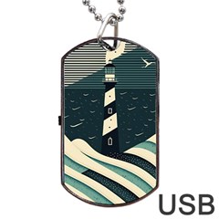 Lighthouse Abstract Ocean Sea Waves Water Blue Dog Tag Usb Flash (one Side) by Pakemis