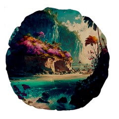 Tropical Island Fantasy Landscape Palm Trees Ocean Large 18  Premium Round Cushions by Pakemis