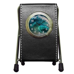 Tsunami Waves Ocean Sea Water Rough Seas Pen Holder Desk Clock by Pakemis
