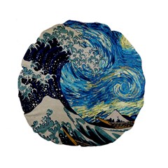 Starry Night Hokusai Vincent Van Gogh The Great Wave Off Kanagawa Standard 15  Premium Flano Round Cushions by Semog4