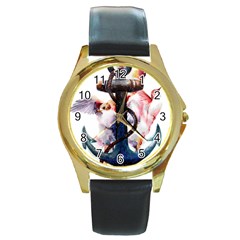 Anchor Watercolor Painting Tattoo Art Anchors And Birds Round Gold Metal Watch by Salman4z