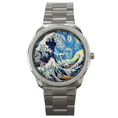 The Great Wave Of Kanagawa Painting Starry Night Van Gogh Sport Metal Watch by Sudheng