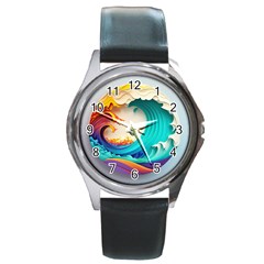 Tsunami Tidal Wave Wave Minimalist Ocean Sea 3 Round Metal Watch by Wegoenart