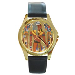 Egyptian Tutunkhamun Pharaoh Design Round Gold Metal Watch by Celenk