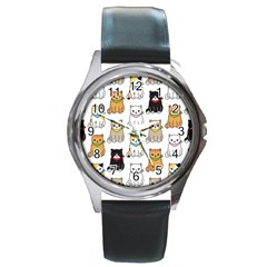 Cat Kitten Seamless Pattern Round Metal Watch by Salman4z