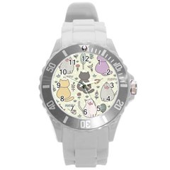 Funny Cartoon Cats Seamless Pattern Round Plastic Sport Watch (l) by Salman4z