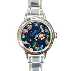 Seamless-pattern-with-funny-aliens-cat-galaxy Round Italian Charm Watch by Salman4z