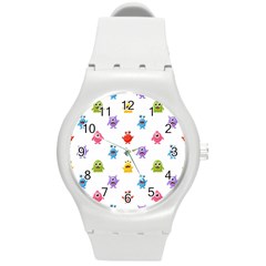 Seamless-pattern-cute-funny-monster-cartoon-isolated-white-background Round Plastic Sport Watch (m)
