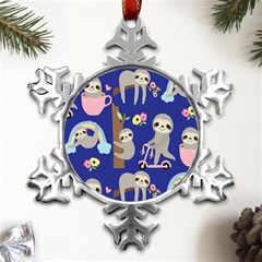 Hand-drawn-cute-sloth-pattern-background Metal Small Snowflake Ornament by Salman4z
