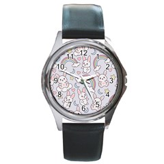 Seamless-pattern-with-cute-rabbit-character Round Metal Watch by Salman4z