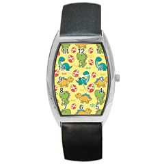 Seamless Pattern With Cute Dinosaurs Character Barrel Style Metal Watch by pakminggu