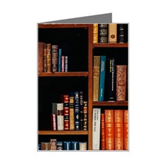 Assorted Title Of Books Piled In The Shelves Assorted Book Lot Inside The Wooden Shelf Mini Greeting Card by 99art