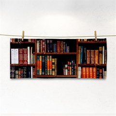 Assorted Title Of Books Piled In The Shelves Assorted Book Lot Inside The Wooden Shelf Hand Towel by 99art