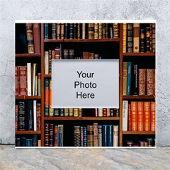 Assorted Title Of Books Piled In The Shelves Assorted Book Lot Inside The Wooden Shelf White Wall Photo Frame 5  X 7  by 99art