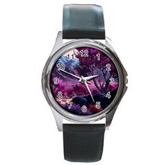Landscape Landscape Painting Purple Purple Trees Round Metal Watch by Cowasu
