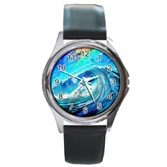 Tsunami Waves Ocean Sea Nautical Nature Water Painting Round Metal Watch by Cowasu