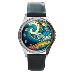 Waves Wave Ocean Sea Abstract Whimsical Abstract Art Round Metal Watch by Cowasu
