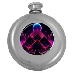 Synthwave City Retrowave Wave Round Hip Flask (5 Oz) by Bangk1t