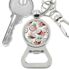 Seamless Pattern Coconut Piece Palm Leaves With Pink Hibiscus Bottle Opener Key Chain by Vaneshart