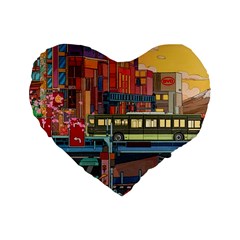 The City Style Bus Fantasy Architecture Art Standard 16  Premium Flano Heart Shape Cushions by Grandong