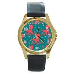 Cute-smiling-red-octopus-swimming-underwater Round Gold Metal Watch by uniart180623