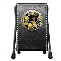 Embroidery-blossoming-lemons-butterfly-seamless-pattern Pen Holder Desk Clock by uniart180623