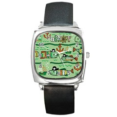 Seamless-pattern-fishes-pirates-cartoon Square Metal Watch by uniart180623