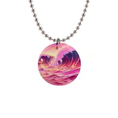 Waves Ocean Sea Tsunami Nautical Red Yellow 1  Button Necklace by uniart180623