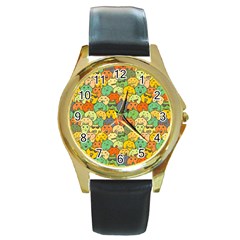 Seamless Pattern With Doodle Bunny Round Gold Metal Watch by Simbadda