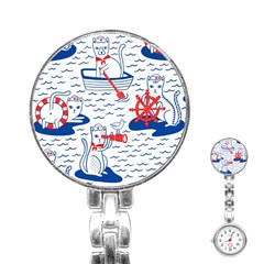 Nautical Cats Seamless Pattern Stainless Steel Nurses Watch by Simbadda