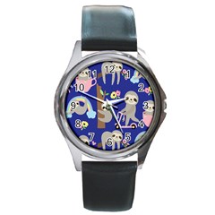 Hand-drawn-cute-sloth-pattern-background Round Metal Watch by Simbadda