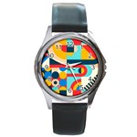 Geometric Shape Colorful Abstract Wave Round Metal Watch Front