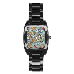 Cartoon Underwater Seamless Pattern With Crab Fish Seahorse Coral Marine Elements Stainless Steel Barrel Watch by Bedest