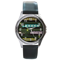 Narrow-boats-scene-pattern Round Metal Watch by Cowasu