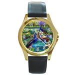 Peacocks  Fantasy Garden Round Gold Metal Watch Front