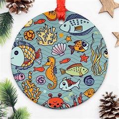 Cartoon Underwater Seamless Pattern With Crab Fish Seahorse Coral Marine Elements Ornament (round) by uniart180623