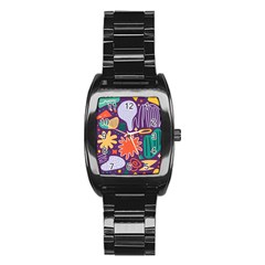 Colorful Shapes On A Purple Background Stainless Steel Barrel Watch by LalyLauraFLM