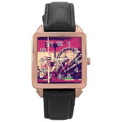 Pink City Retro Vintage Futurism Art Rose Gold Leather Watch  by Ket1n9
