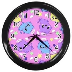 Seamless Pattern With Cute Kawaii Kittens Wall Clock (black) by Grandong